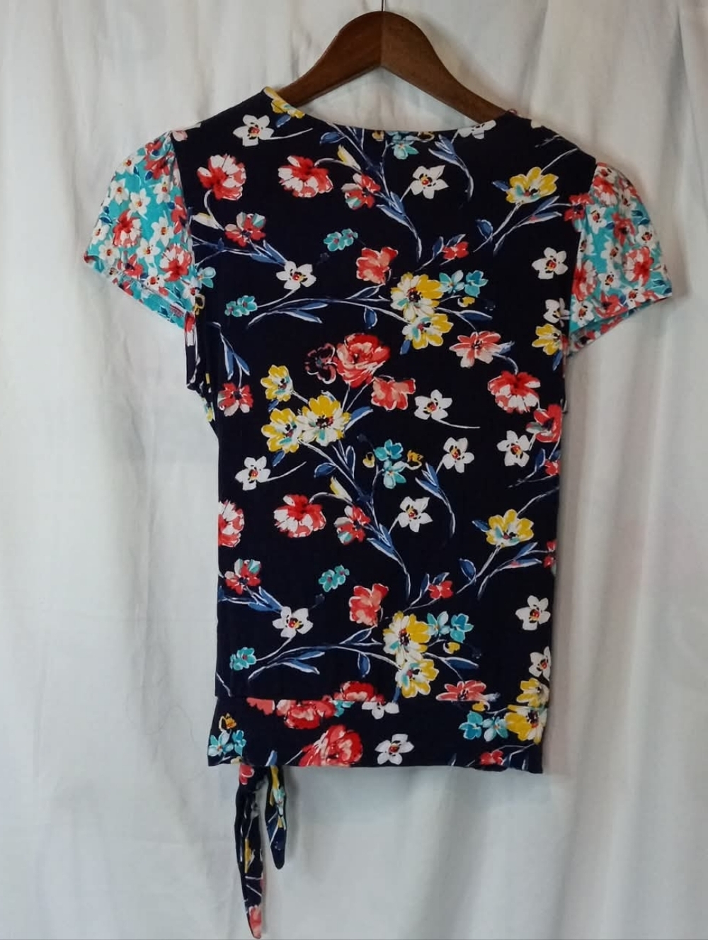 Loveappella Aqua Navy Floral Wrap Blouse Shirt Medium Summer Patchwork Feminine - Picture 2 of 5